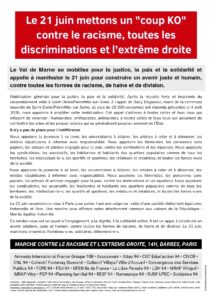 Le 21 juin mettons un « coup KO »contre le racisme, toutes les discriminations et l’extrême droite