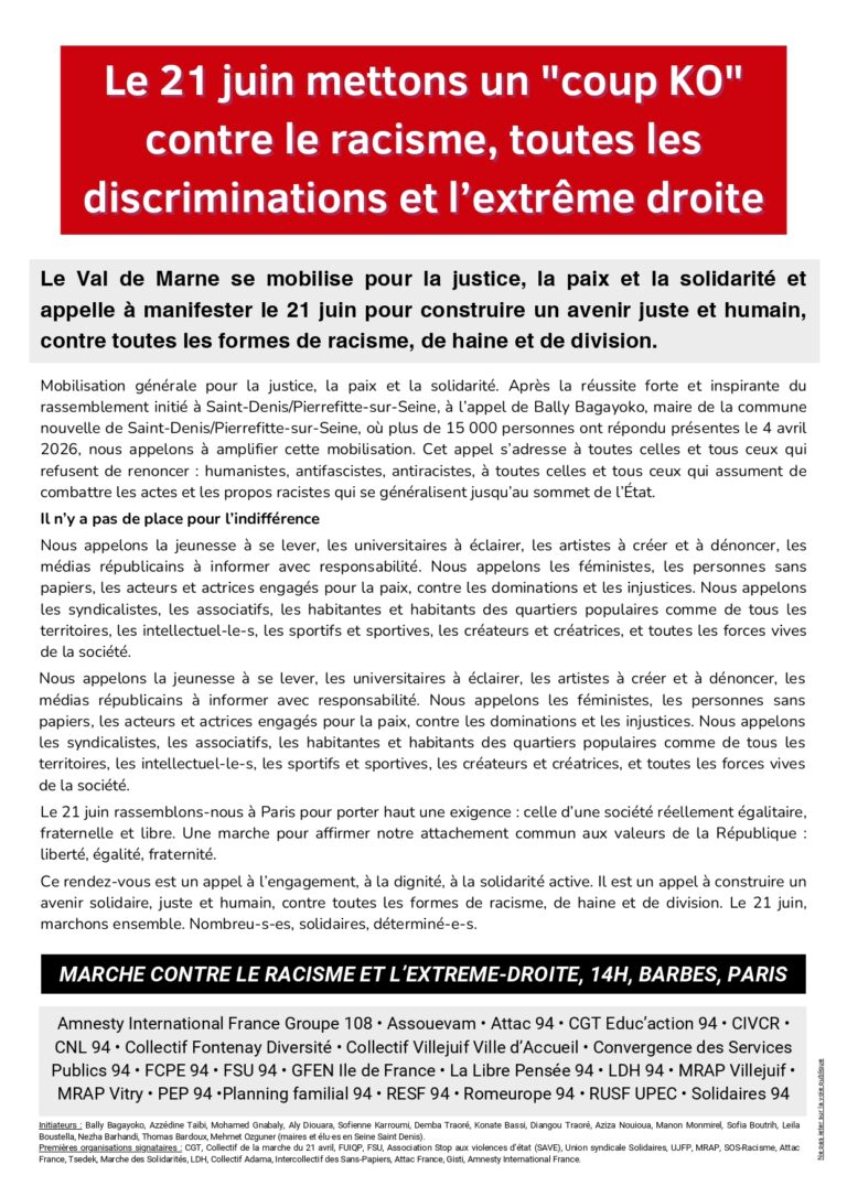 Le 21 juin mettons un « coup KO »contre le racisme, toutes les discriminations et l’extrême droite