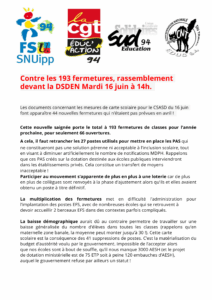 Contre les 193 fermetures de classes, grève et rassemblement mardi 16 juin !