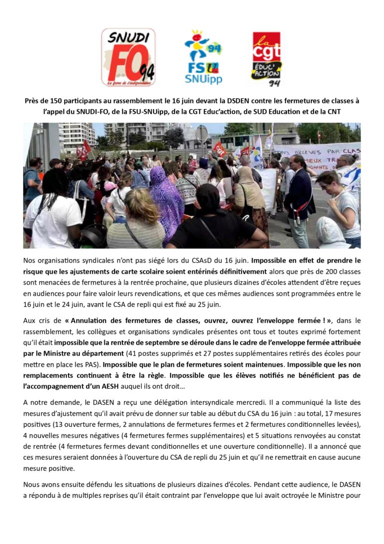 Communiqué commun suite au 16 juin