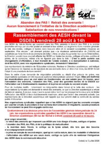 Rassemblement des AESH devant la DSDEN vendredi 28 août à 14h