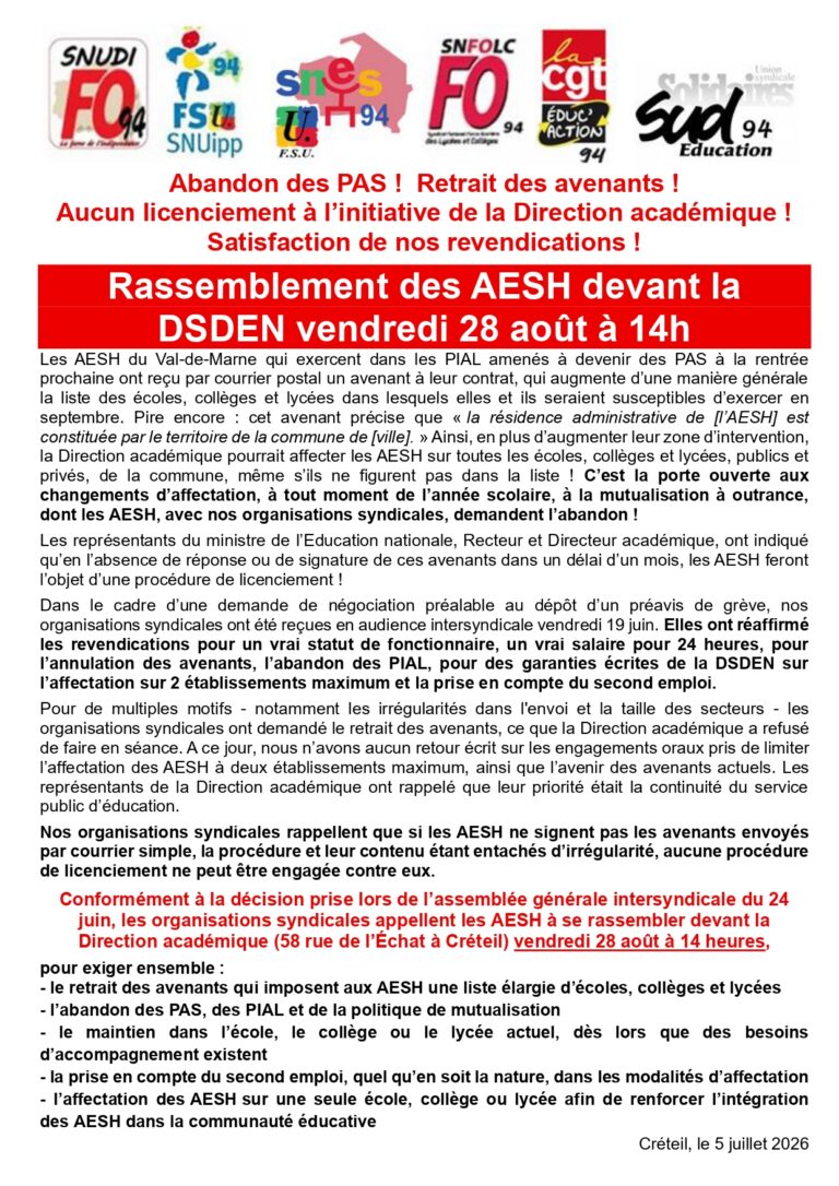 Rassemblement des AESH devant la DSDEN vendredi 28 août à 14h