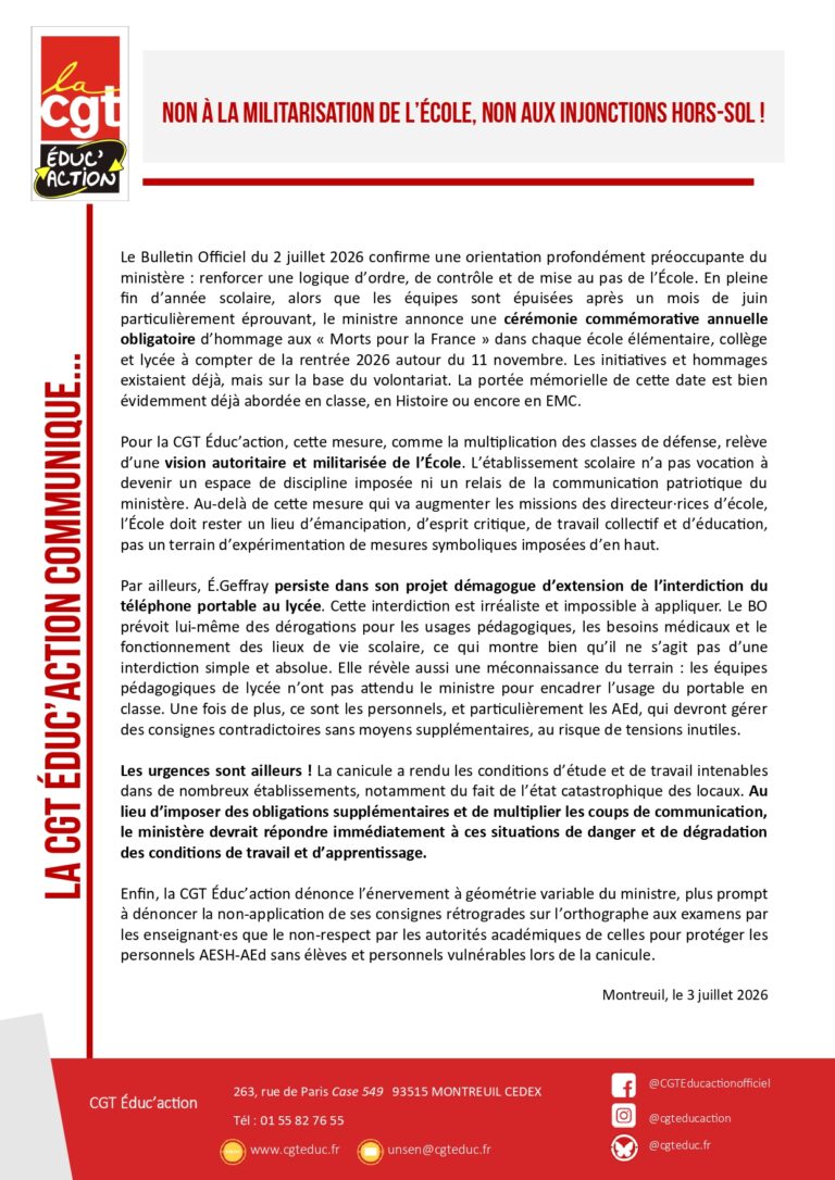 Non à la militarisation de l’École, non aux injonctions hors-sol !