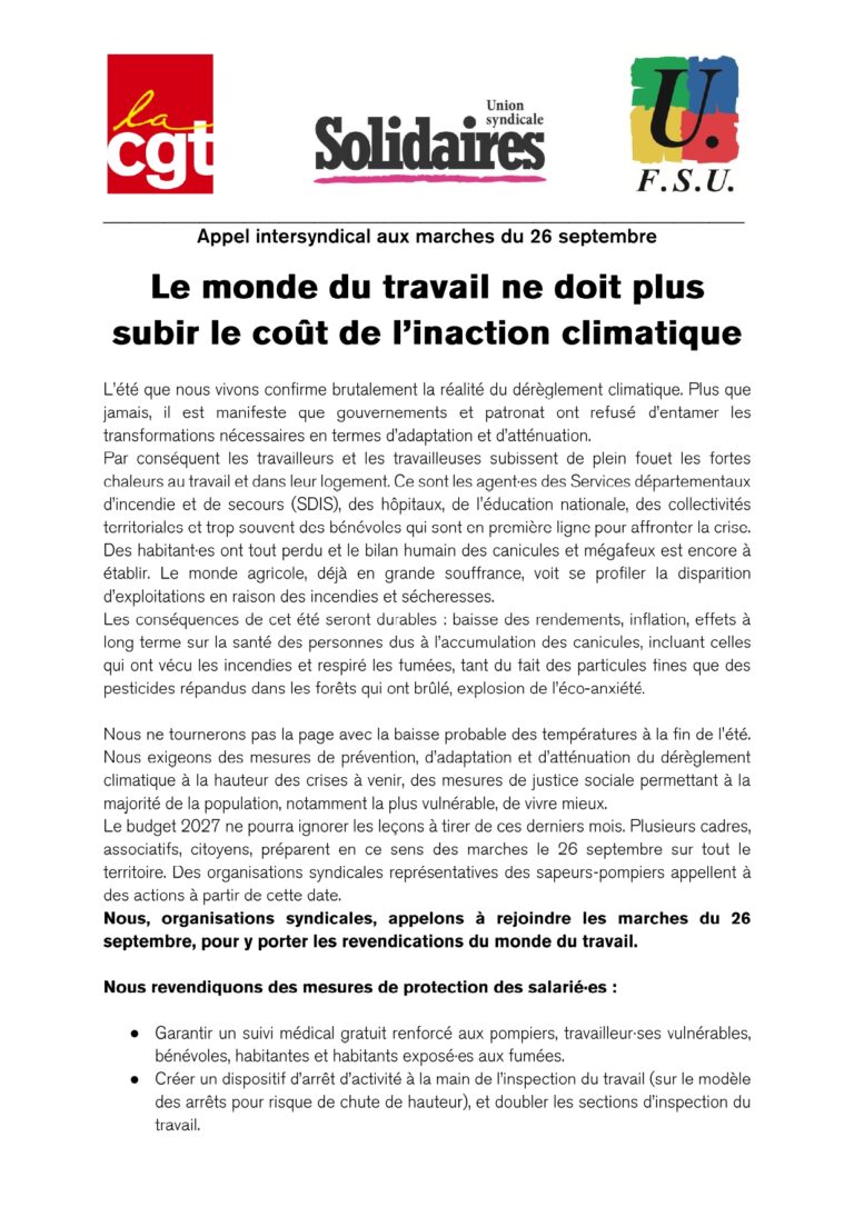 Appel intersyndical aux marches climat du 26 septembre