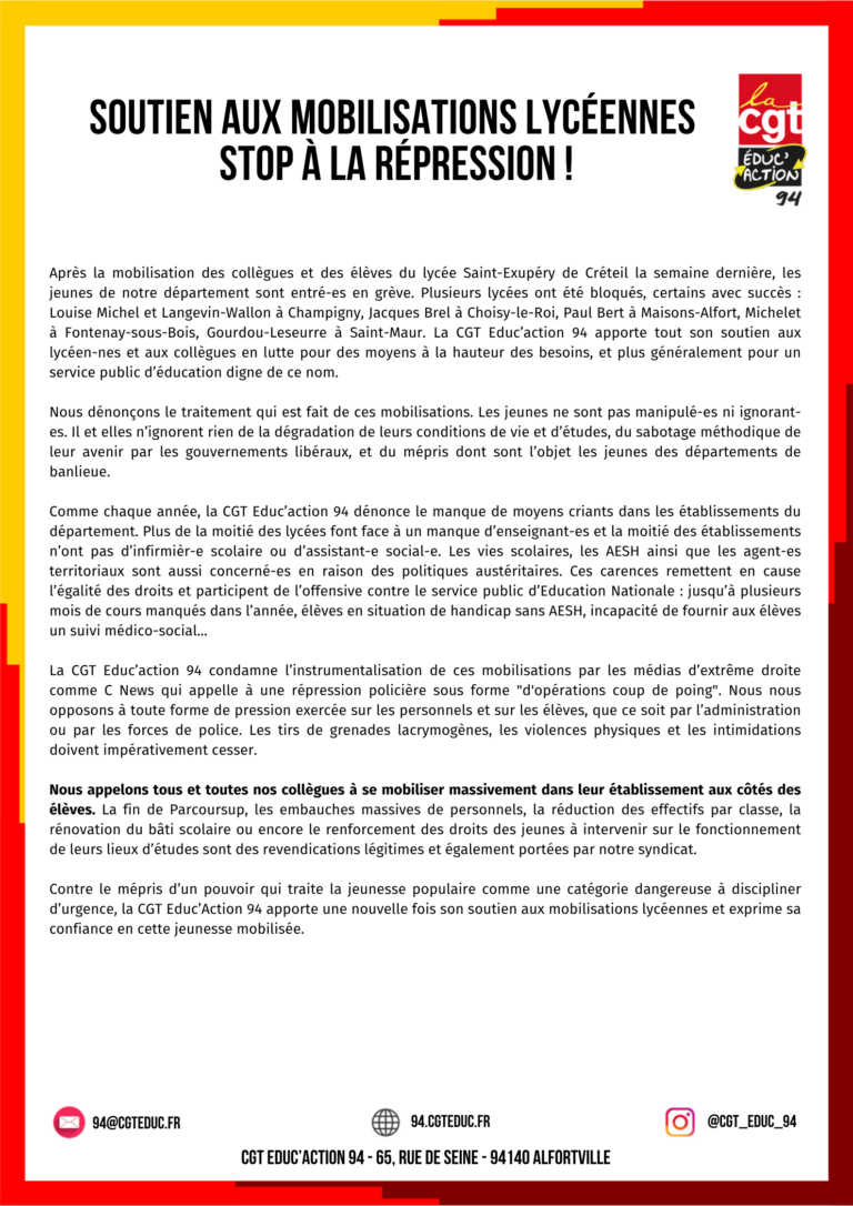 Soutien aux mobilisations lycéennes, stop à la répression !