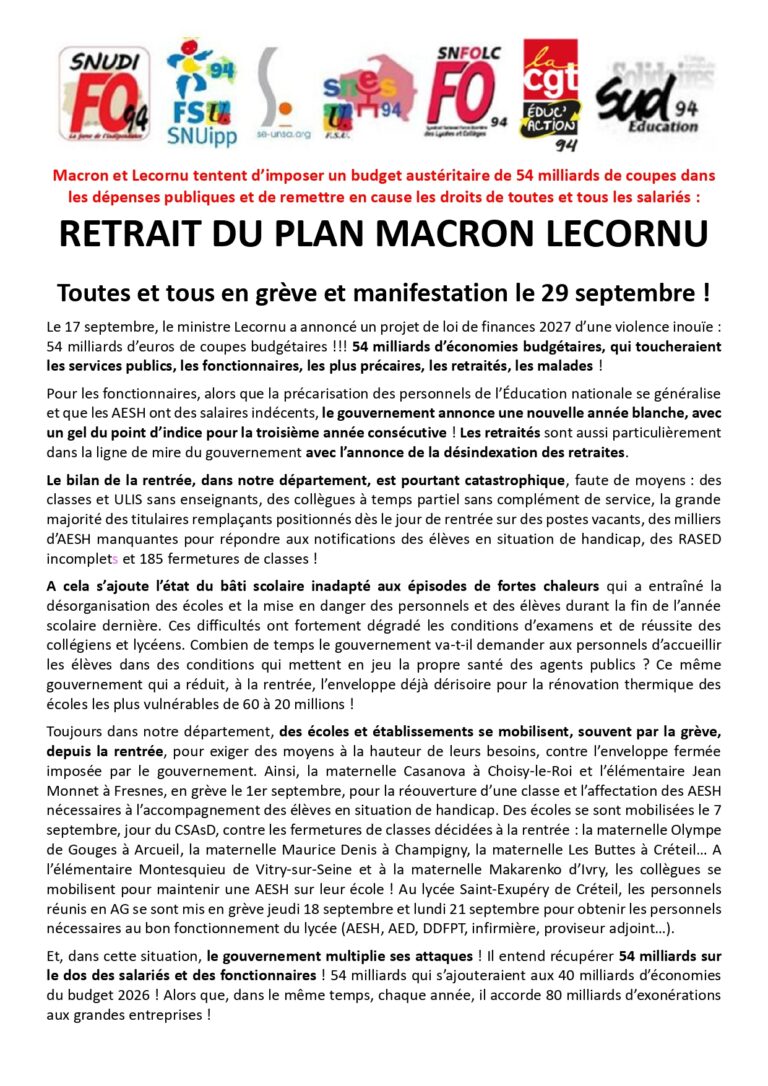 Appel intersyndical : Toutes et tous en grève et manifestation le 29 septembre !