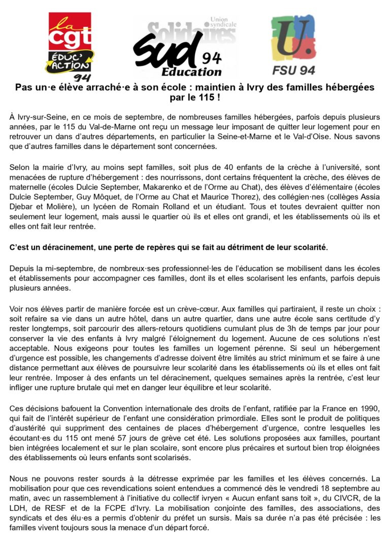 Maintien à Ivry des familles hébergées par le 115 !