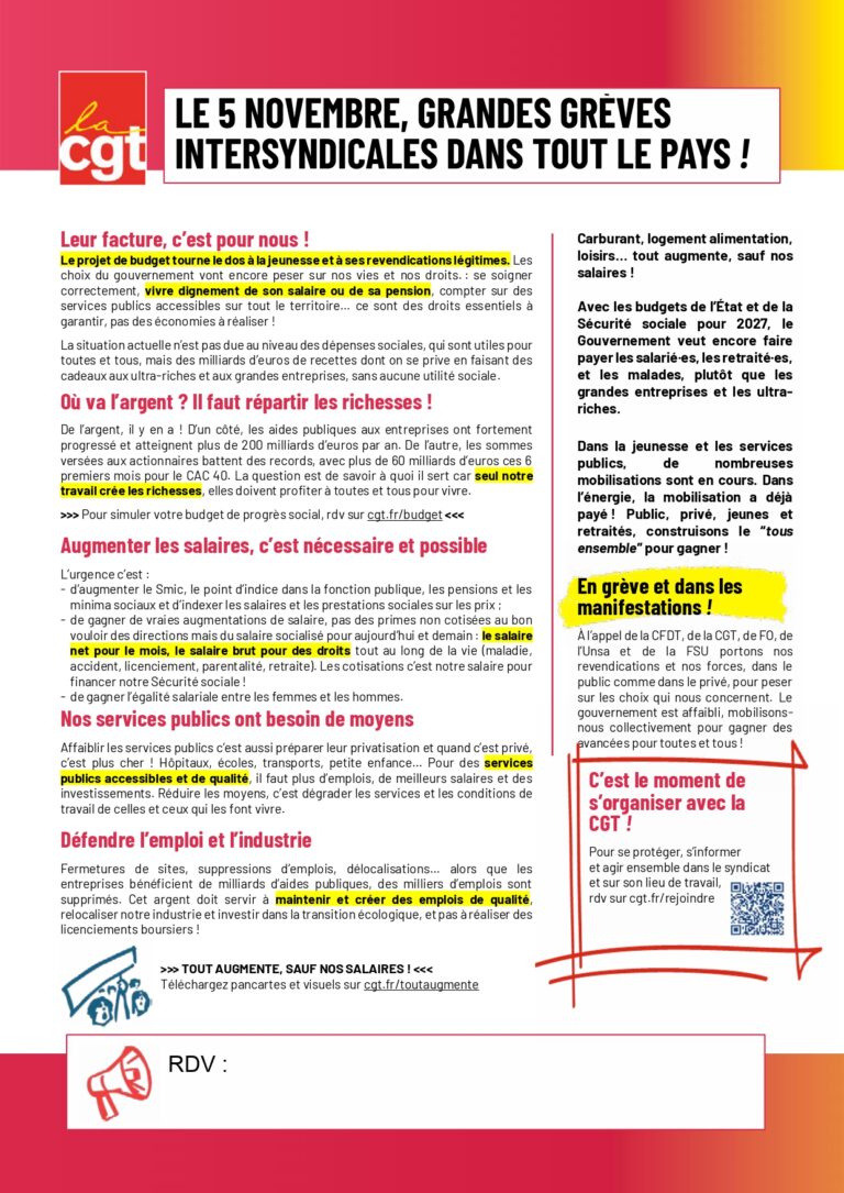 Le 5 novembre, grandes grèves intersyndicales dans tout le pays