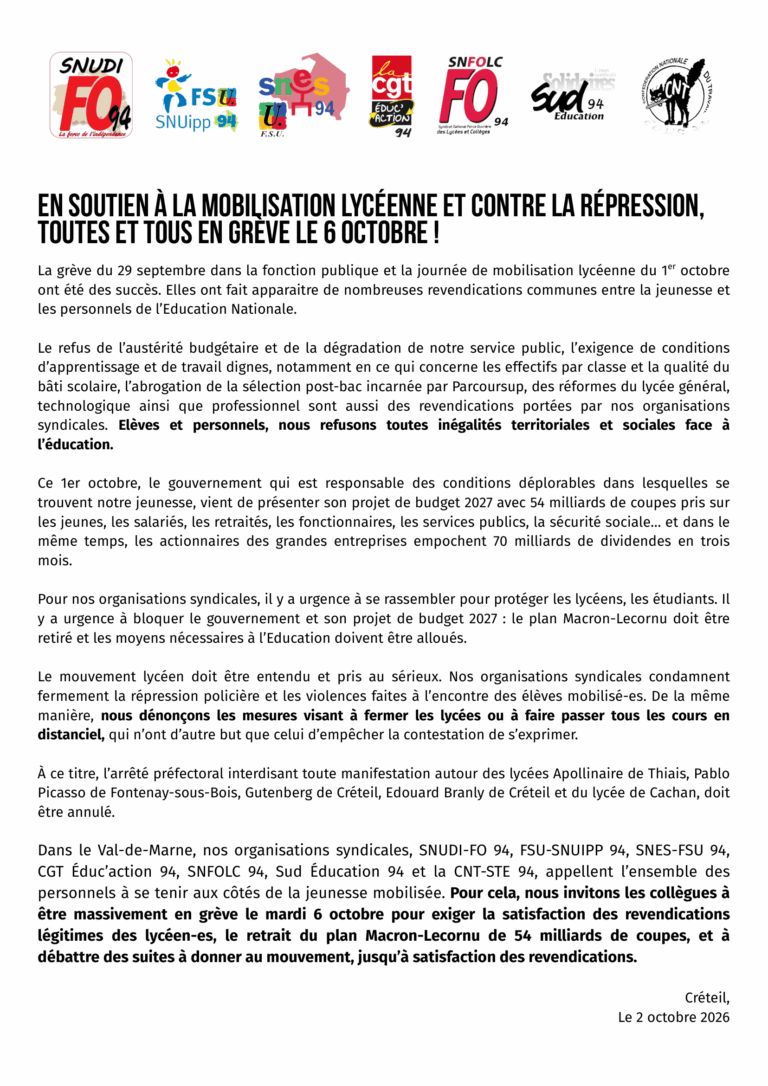 EN SOUTIEN À LA MOBILISATION LYCÉENNE ET CONTRE LA RÉPRESSION, TOUTES ET TOUS EN GRÈVE LE 6 OCTOBRE !