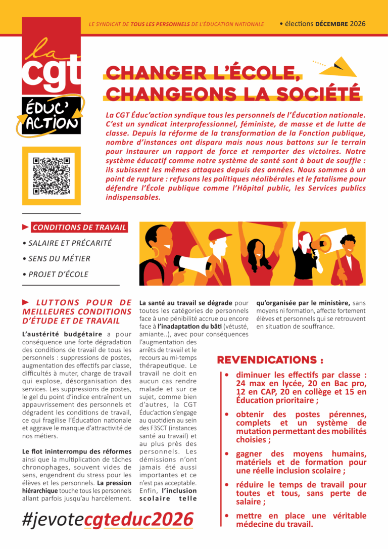 Élections professionnelles 2026 : vote et fais voter pour les listes CGT Éduc&rsquo;action !