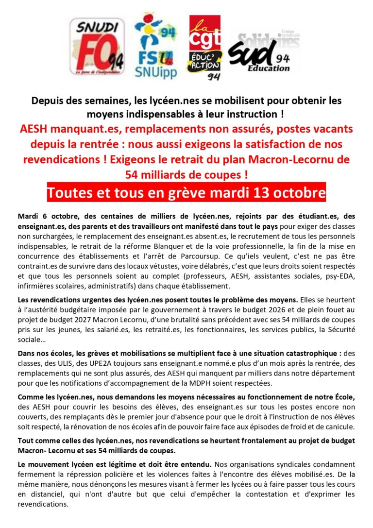 Toutes et tous en grève mardi 13 octobre